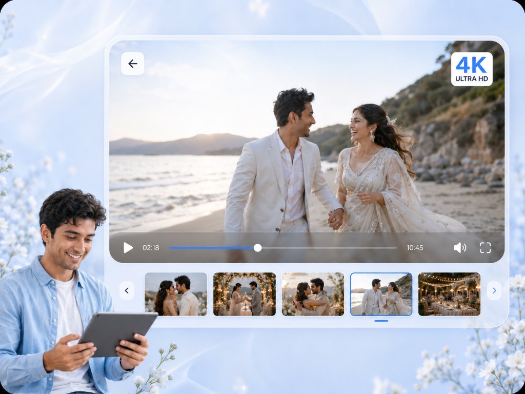 4K Ultra HD wedding video gallery player with thumbnail carousel