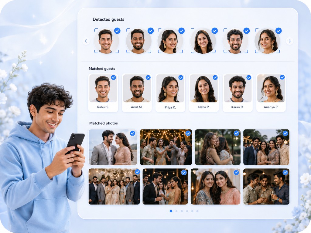 AI face matching with detected guests, matched guests, and matched photos