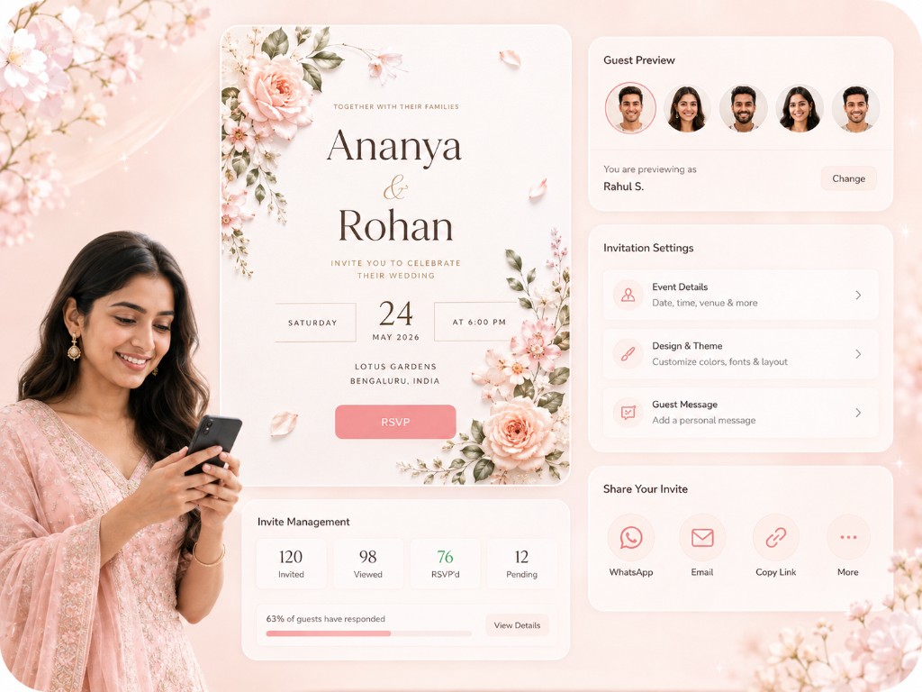 Digital wedding invitation with RSVP, guest preview, settings, and invite management