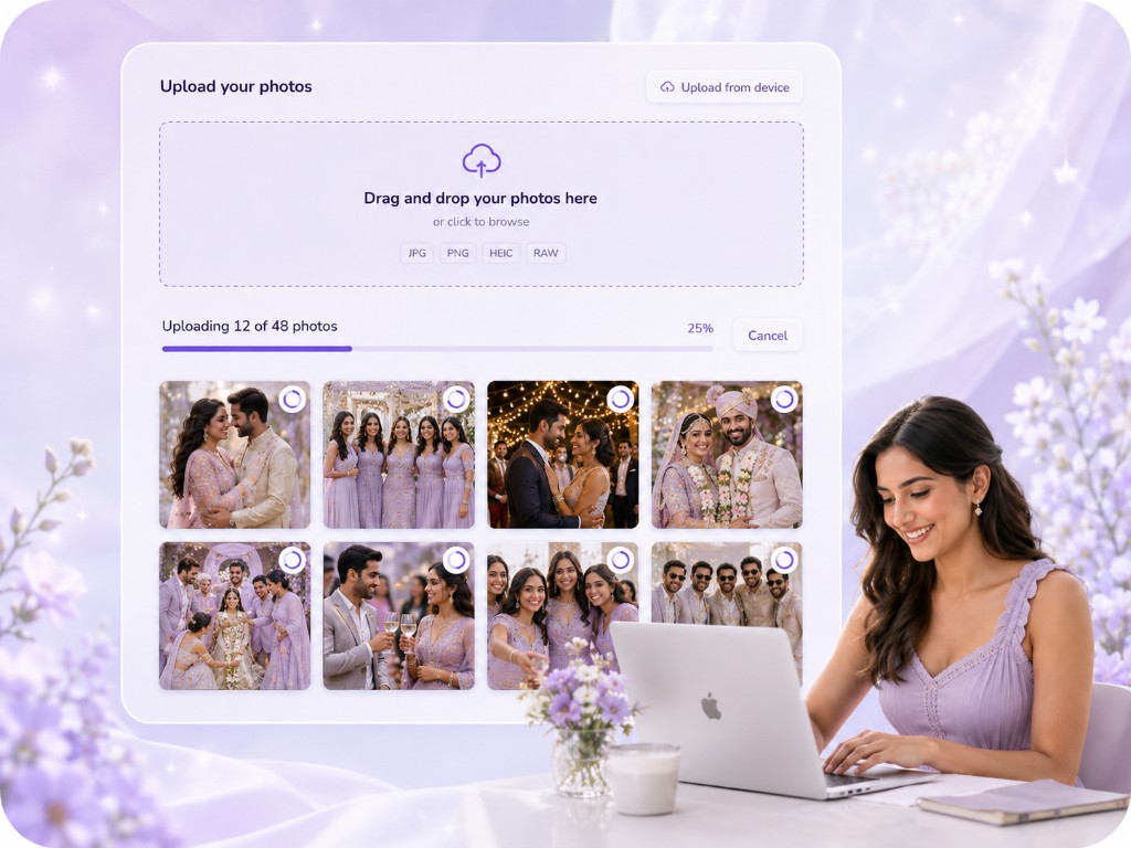 Guest photo upload interface with drag and drop and live progress