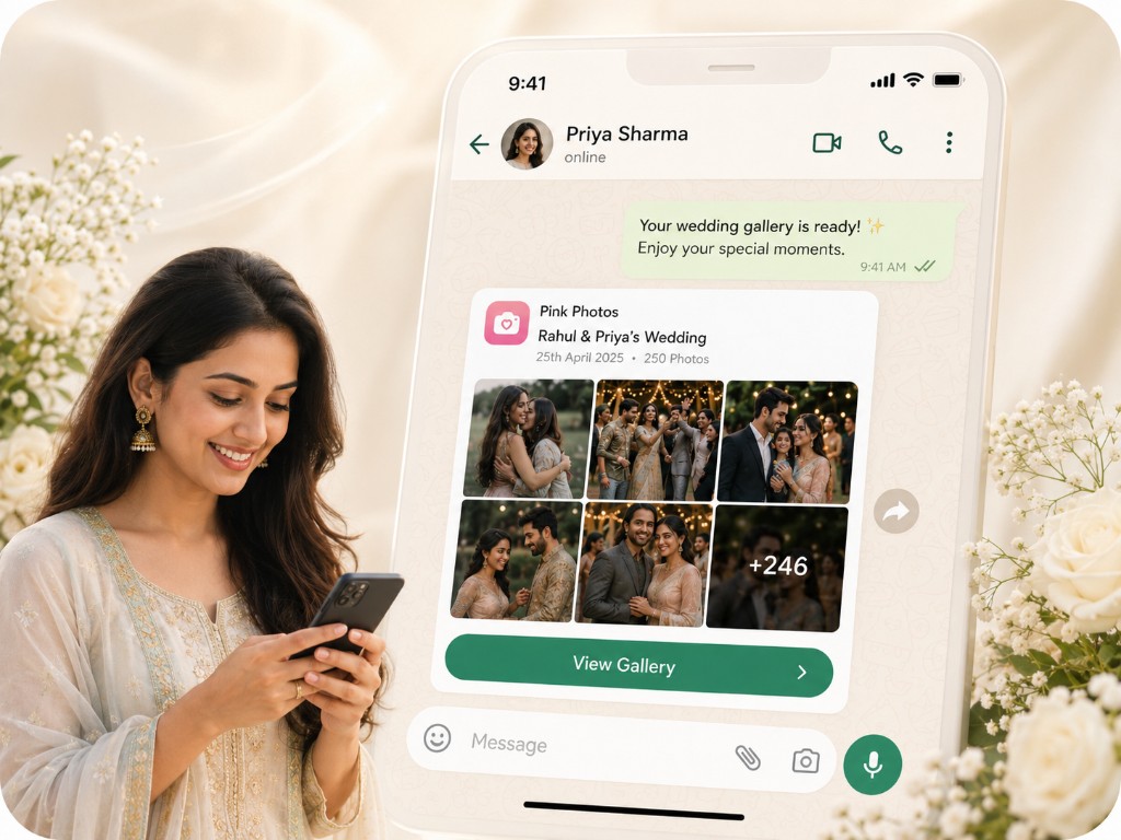 WhatsApp message with a private Photo Jelly wedding gallery link